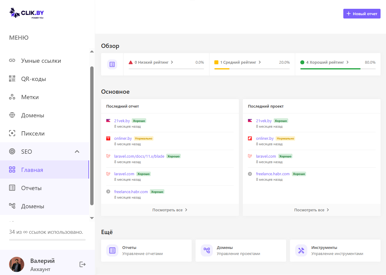 Интерфейс панели управления SEO-отчетами