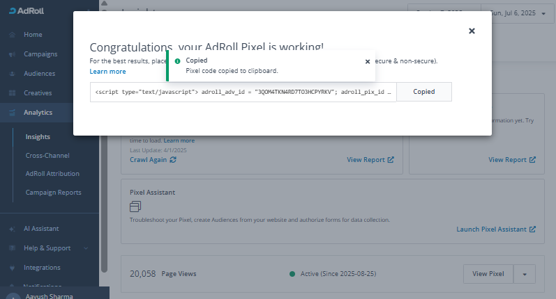 AdRoll interface for retrieving pixel code