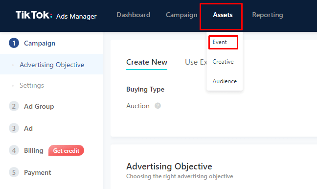 TikTok Events Manager interface for creating pixel